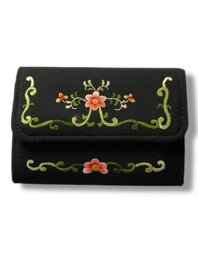 Vintage Wallet Embroidered Black Green Orange Floral Flower Design